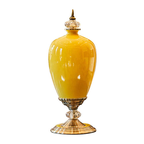 SOGA 42cm Ceramic Oval Flower Vase with Gold Metal Base Yellow