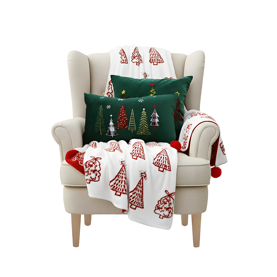 SOGA Christmas Bundle – Red Christmas Tree Fleece Throw & Green Embroidered Holiday Pillows