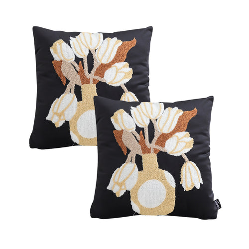 SOGA 2X 45cm Black White Gold Floral Vase Embroidered Throw Pillow