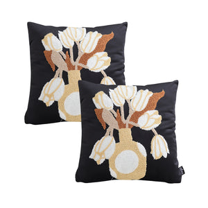 SOGA 2X 45cm Black White Gold Floral Vase Embroidered Throw Pillow