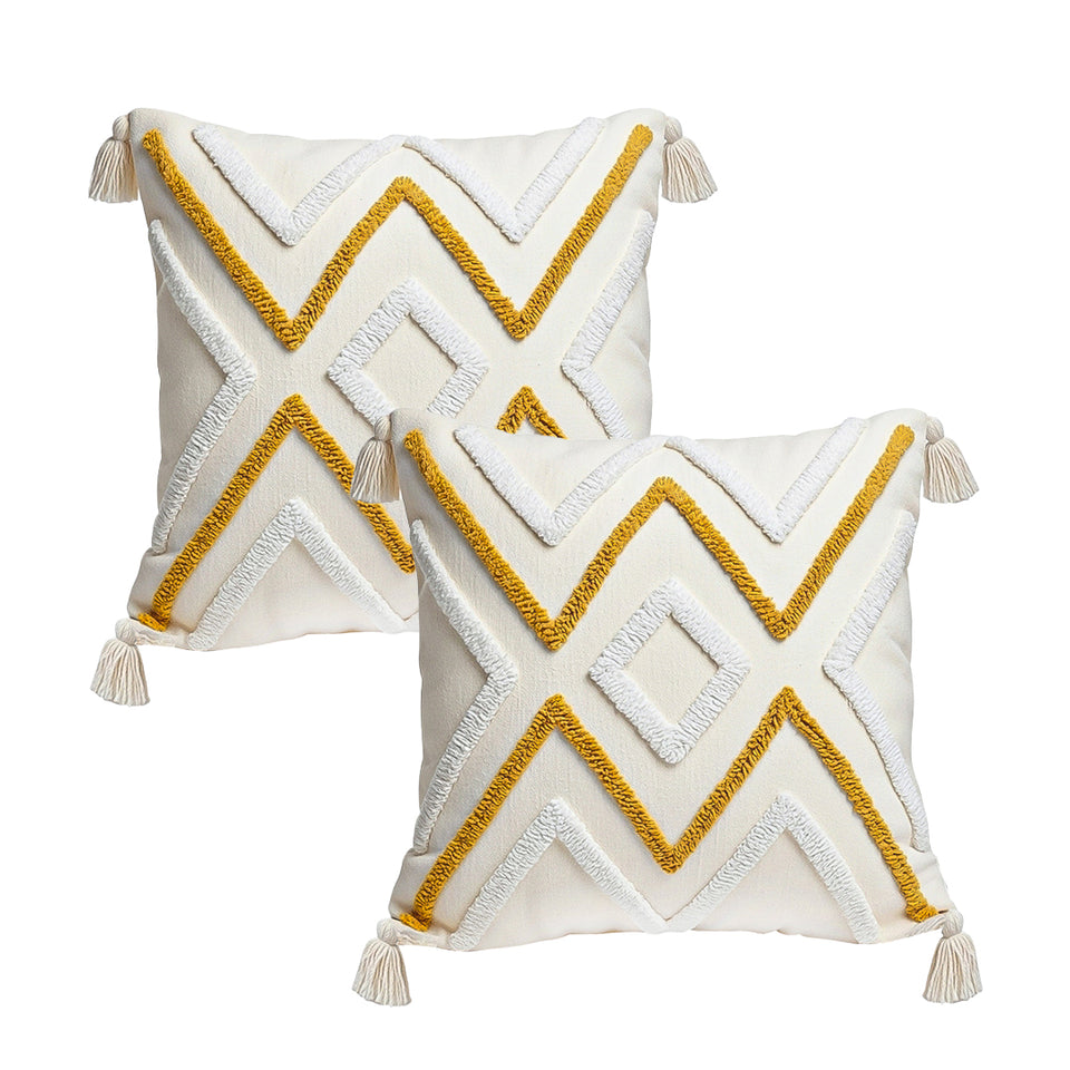 SOGA 2X Boho Tufted Cushion 45cm Tassel Beige Yellow Geometric Chevron Throw Pillow