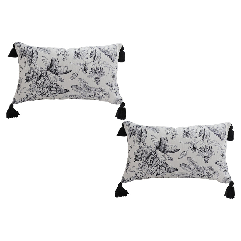 SOGA 2X 35cm Throw Pillow  Black and White Floral Print Elegant with Tassel Accents Home Decor