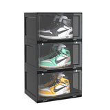 SOGA 3 Tier Black Portable Shoe Organiser Sneaker Footwear Folding Plastic Bin Stackable Storage Box with Magnetic Door