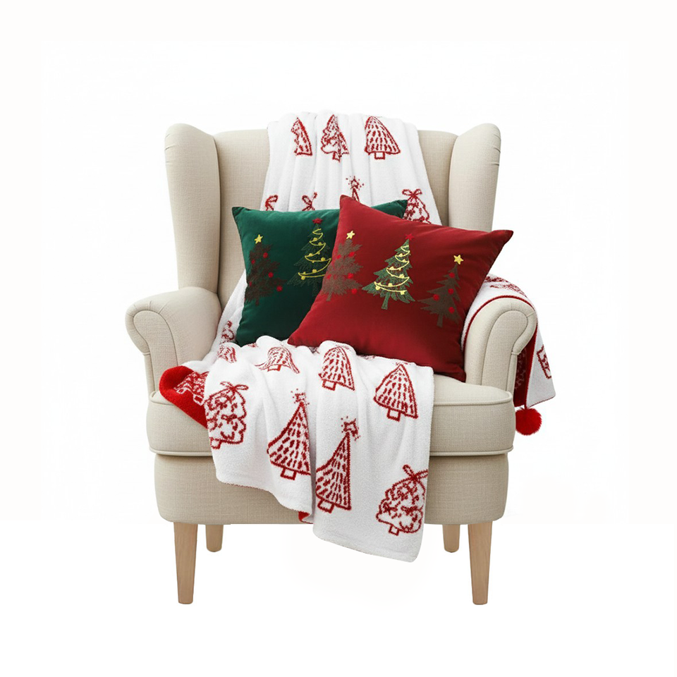 SOGA Christmas Bundle – Green & Burgundy Embroidered Tree Pillows & Red Holiday Throw Blanket