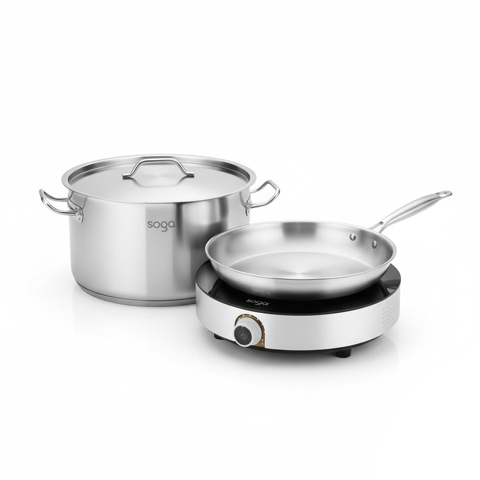 SOGA Kitchenware Bundle – 26cm Smart Induction Cooktop, Stainless Fry Pan & 9L Stock Pot