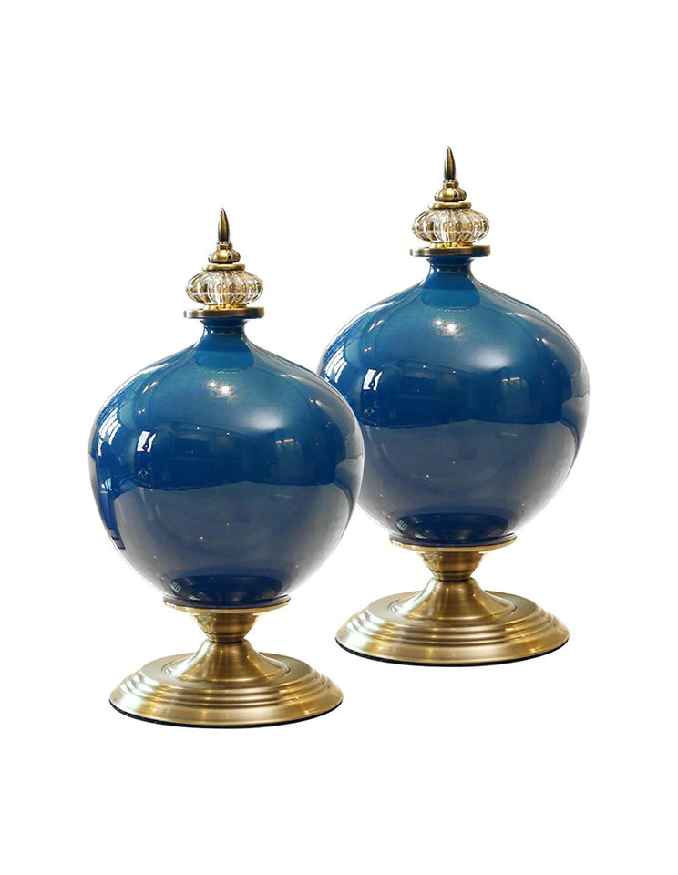 SOGA 2x 38cm Ceramic Oval Flower Vase with Gold Metal Base Dark Blue