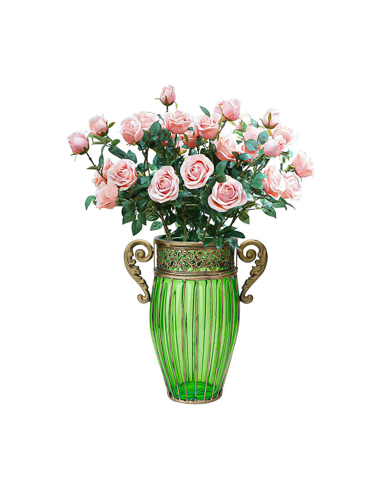 SOGA Green Glass Flower Vase with 8 Bunch 5 Heads Artificial Fake Silk Rose Home Decor Set