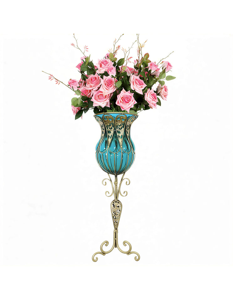 SOGA 85cm Blue Glass Tall Floor Vase and 12pcs Pink Artificial Fake Flower Set