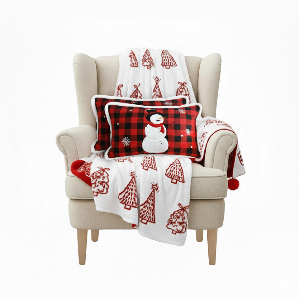 SOGA Christmas Bundle – 2 Red Snowman Lumbar Pillow & Red Christmas Tree Fleece Throw Blanket