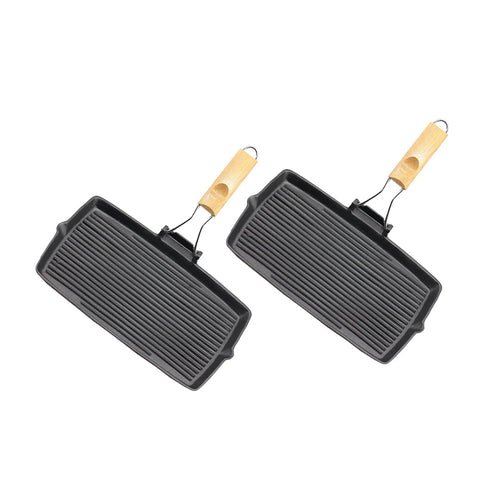 SOGA 2-Pack 20.5cm Rectangular Cast Iron Griddle Pans with Folding Wooden Handles
