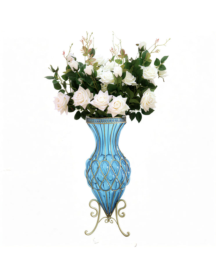 SOGA 67cm Blue Glass Tall Floor Vase and 12pcs White Artificial Fake Flower Set