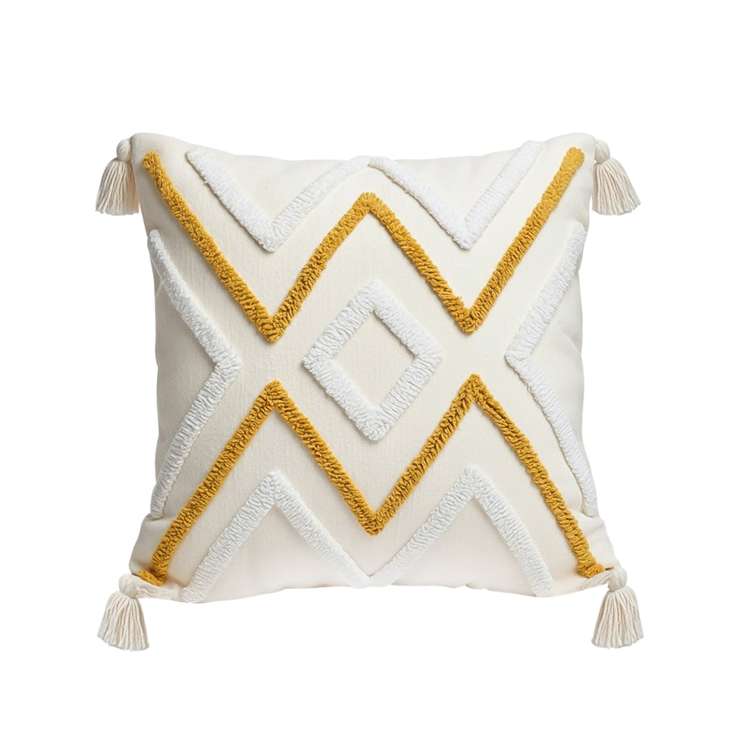 SOGA Boho Tufted Cushion 45cm Tassel Beige Yellow Geometric Chevron Throw Pillow