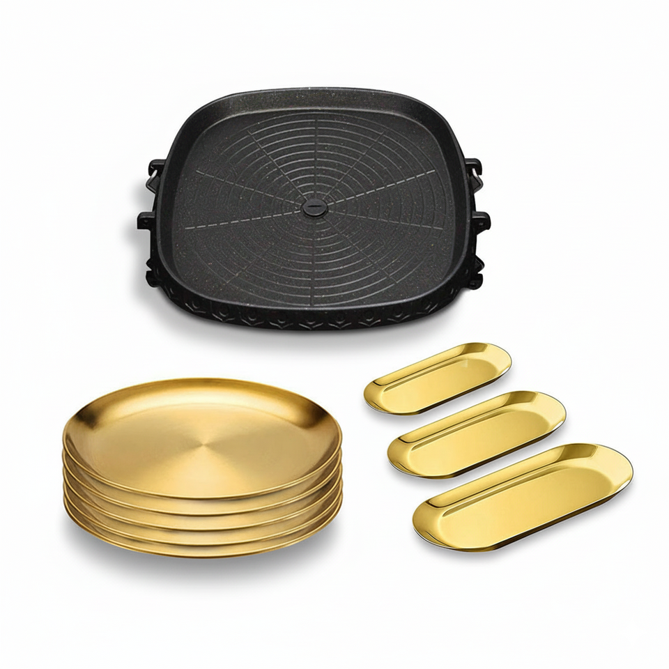 SOGA Kitchenware Bundle – Square Portable Korean BBQ Stove, Gold Grilling Plate & Nordic Plate Set