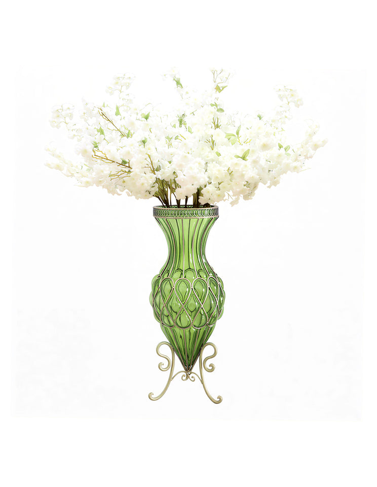 SOGA 67cm Green Glass Tall Floor Vase with 10pcs White Artificial Fake Flower Set