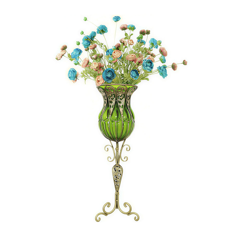 SOGA 85cm Green Glass Tall Floor Vase and 12pcs Blue Artificial Fake Flower Set