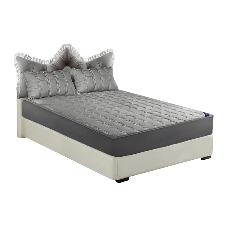 SOGA Home & Living Bundle – Grey Crown Tufted Pillow & Quilted Mattress Cover Set