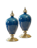 SOGA 2x 42cm Ceramic Oval Flower Vase with Gold Metal Base Dark Blue