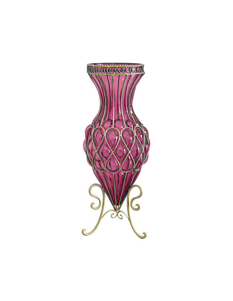 SOGA 67cm Purple Glass Tall Floor Vase with Metal Flower Stand