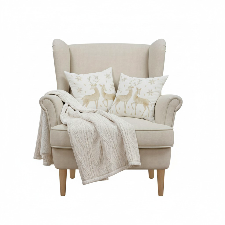 SOGA Christmas Bundle – 2 White & Gold Christmas Reindeer Pillow & White Chenille Fleece Throw