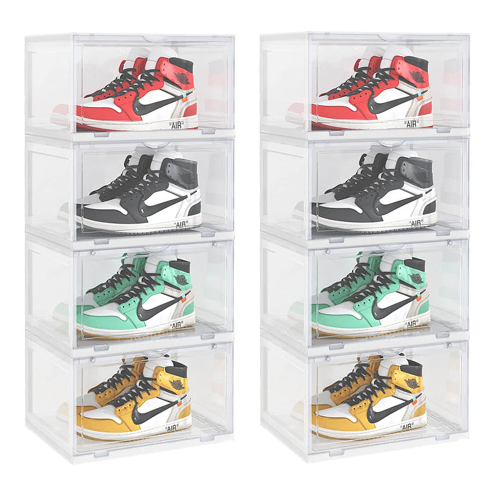SOGA 2X 4 Tier Transparent Portable Shoe Organiser Sneaker Footwear Folding Plastic Bin Stackable Storage Box with Magnetic Door