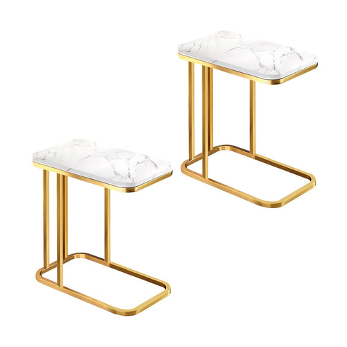 SOGA 2x 30x50cm White Stone-Patterned Sofa Side Tables – Square Mini Tables with Gold Metal Legs