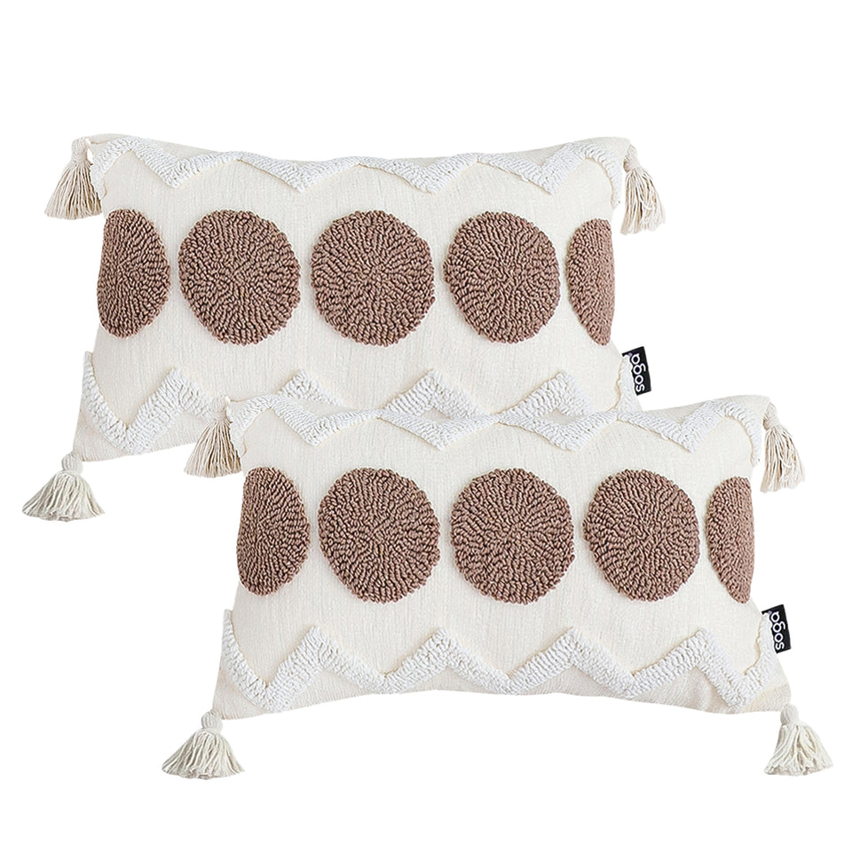 SOGA 2X Boho Tufted Cushion 30x50cm Tassel White Brown Circle Decorative Throw Pillow