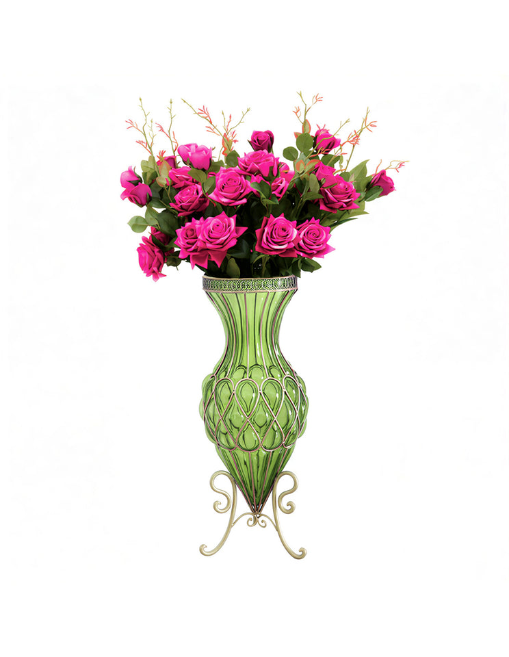 SOGA 67cm Green Glass Tall Floor Vase and 12pcs Dark Pink Artificial Fake Flower Set