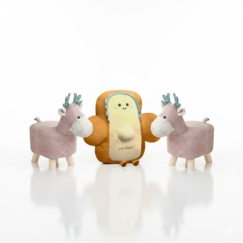 SOGA Home & Living Bundle – 2 Pink Deer Children’s Ottoman & Smiley Toast Plush Cushion