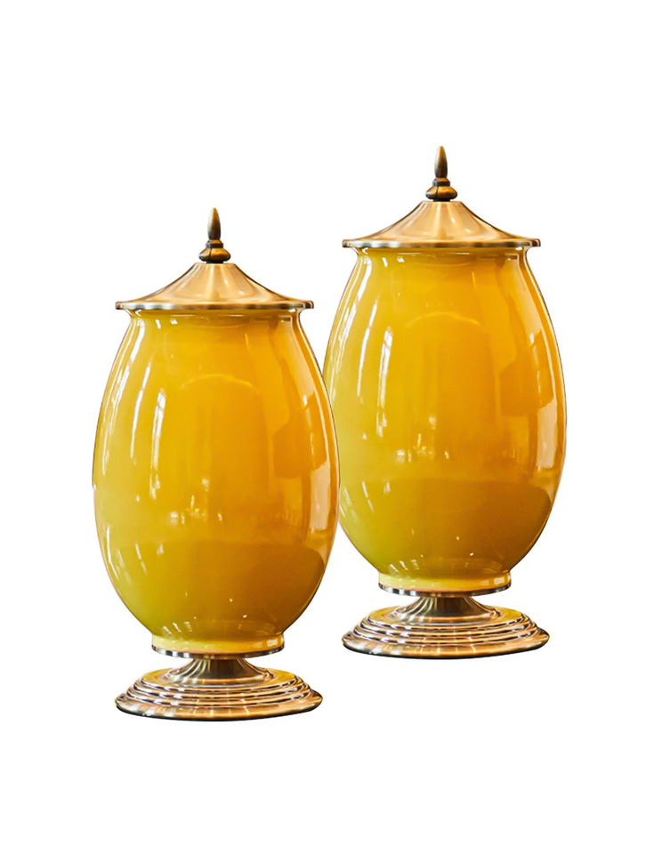 SOGA 2x 40cm Ceramic Oval Flower Vase with Gold Metal Base Yellow