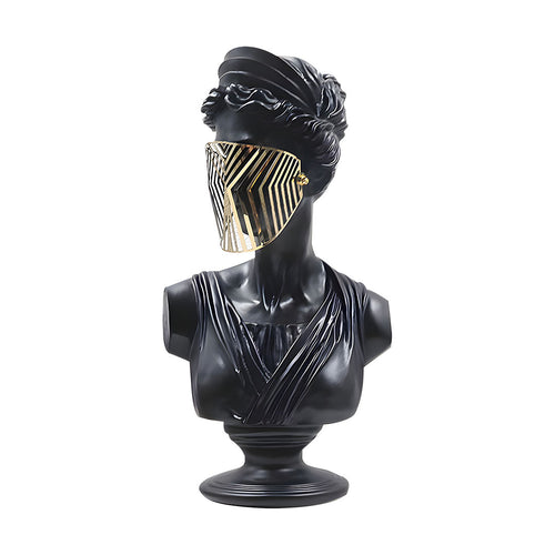 SOGA 40cm Black Classical Bust Sculpture Resin with Gold Striped Mask for Modern Home Decor