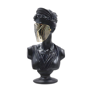 SOGA 40cm Black Classical Bust Sculpture Resin with Gold Striped Mask for Modern Home Decor