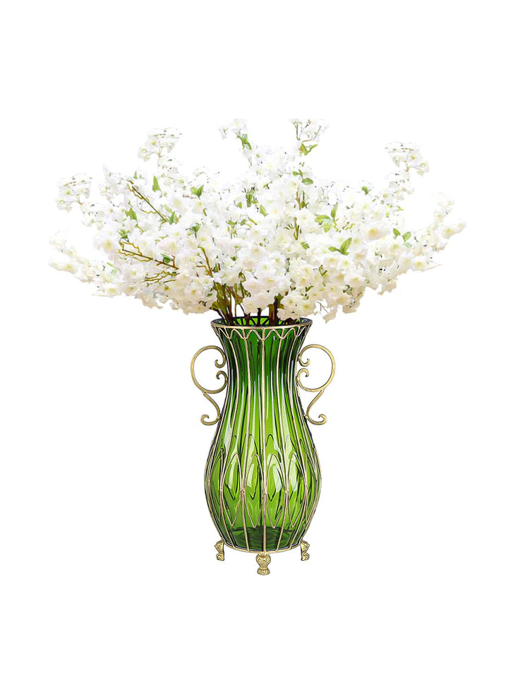 SOGA 51cm Green Glass Tall Floor Vase and 10pcs White Artificial Fake Flower Set