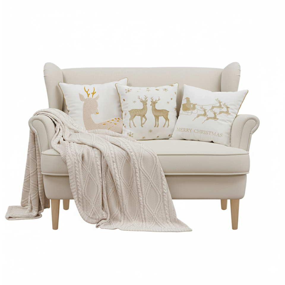 SOGA Christmas Bundle – White Chenille Throw Blanket & Festive Gold Accent Holiday Pillows