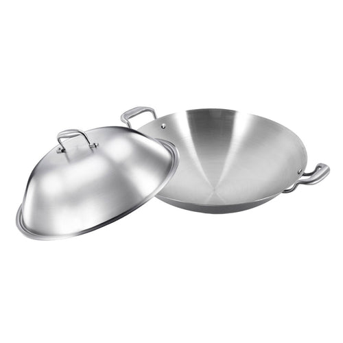 SOGA 3-Ply 38cm Stainless Steel Double Handle Wok Frying Fry Pan Skillet with Lid