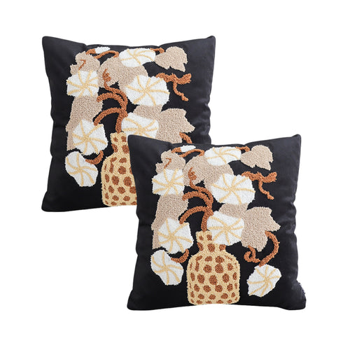 SOGA 2X 45cm Black Gold Wicker Basket Floral Embroidered Throw Pillow
