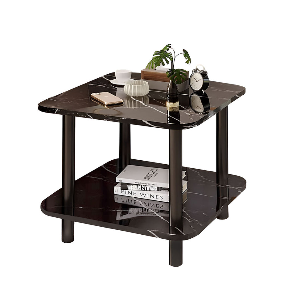 SOGA 70cm Black Stone-Patterned Side Table – Modern Round Design with Black Metal Legs