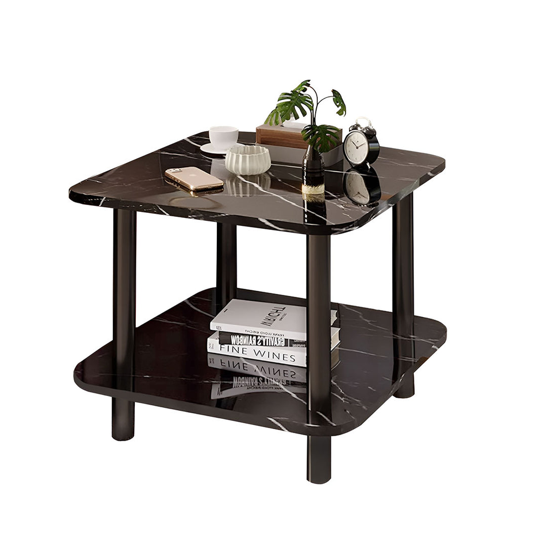 SOGA 70cm Black Stone-Patterned Side Table – Modern Round Design with Black Metal Legs