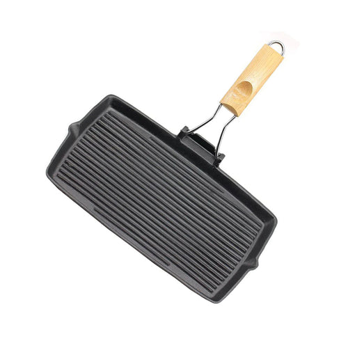 SOGA 20.5cm Rectangular Cast Iron Griddle Pan with Folding Wooden Handle