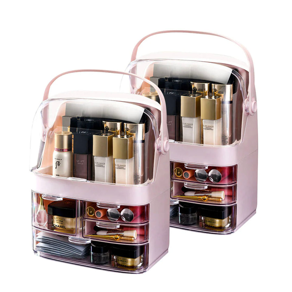 SOGA 2X 3 Tier Pink Countertop Makeup Cosmetic Storage Organiser Skincare Holder Jewelry Storage Box with Handle