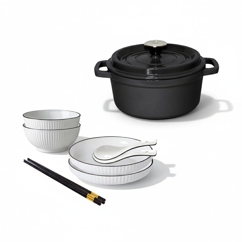 SOGA Kitchenware Bundle – White Japanese Ceramic Dinnerware Set & Black Cast Iron Stewpot