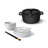 SOGA Kitchenware Bundle – White Japanese Ceramic Dinnerware Set & Black Cast Iron Stewpot