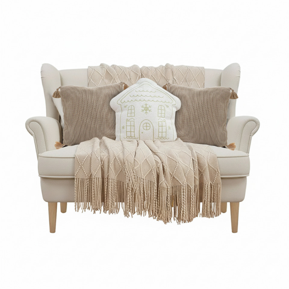 SOGA Christmas Bundle – 2 Khaki Wabi-Sabi & White Christmas House Pillows with Beige Knitted Throw