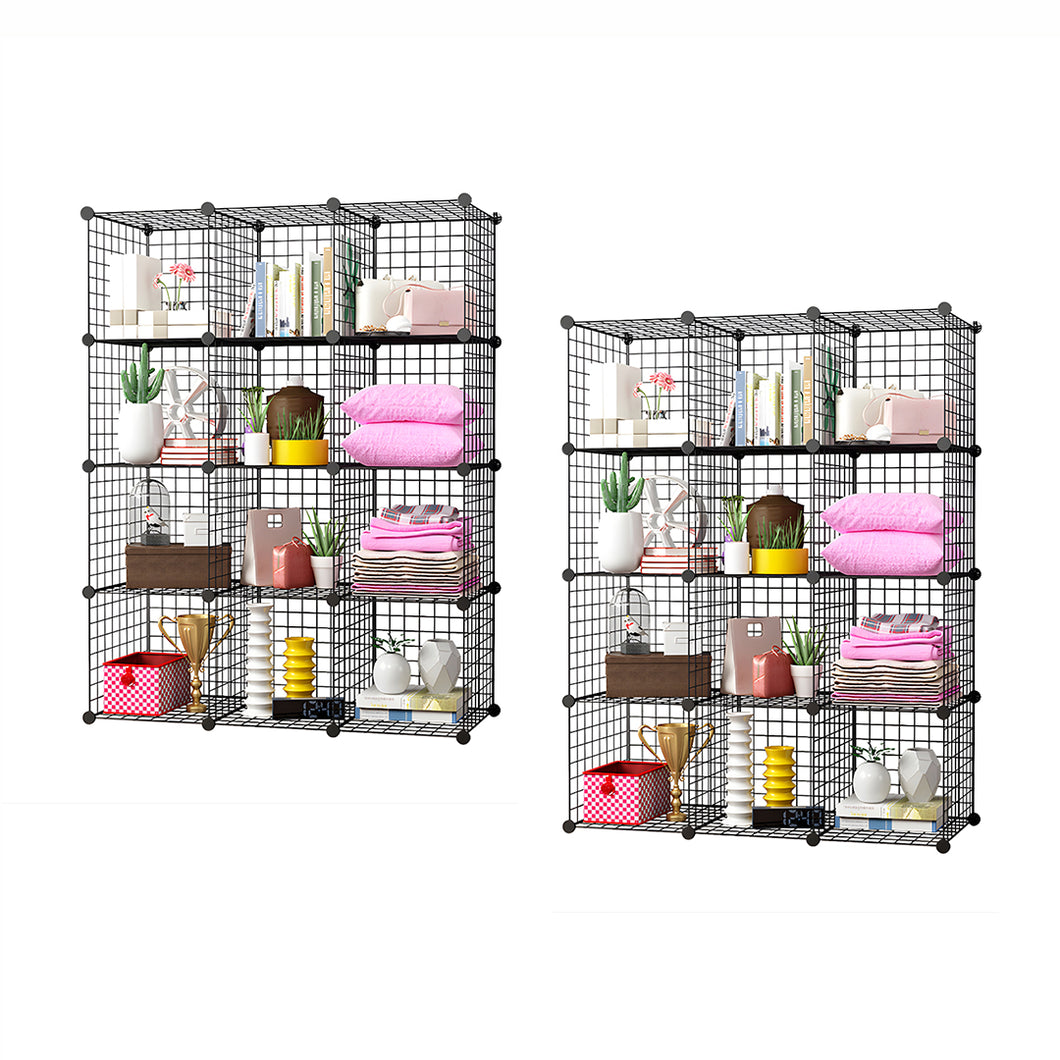 SOGA 2X Black Portable 12-Cube Storage Organiser Foldable DIY Modular Grid Space Saving Shelf