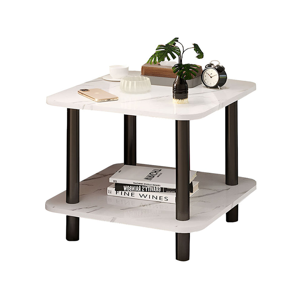 SOGA 70cm White Stone-Patterned Table – Modern Round Design with Black Metal Legs