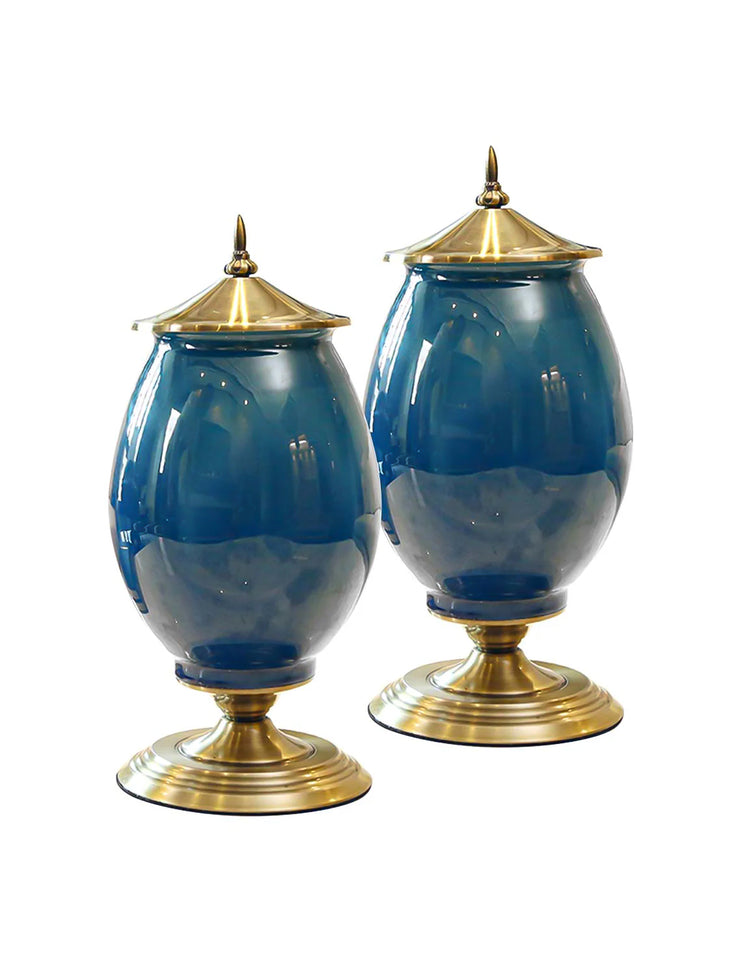 SOGA 2x 40cm Ceramic Oval Flower Vase with Gold Metal Base Dark Blue