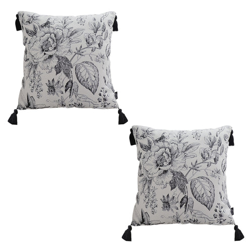 SOGA 2X 50cm Throw Pillow  Black and White Elegant Floral Print with Tassel Accents Home Decor