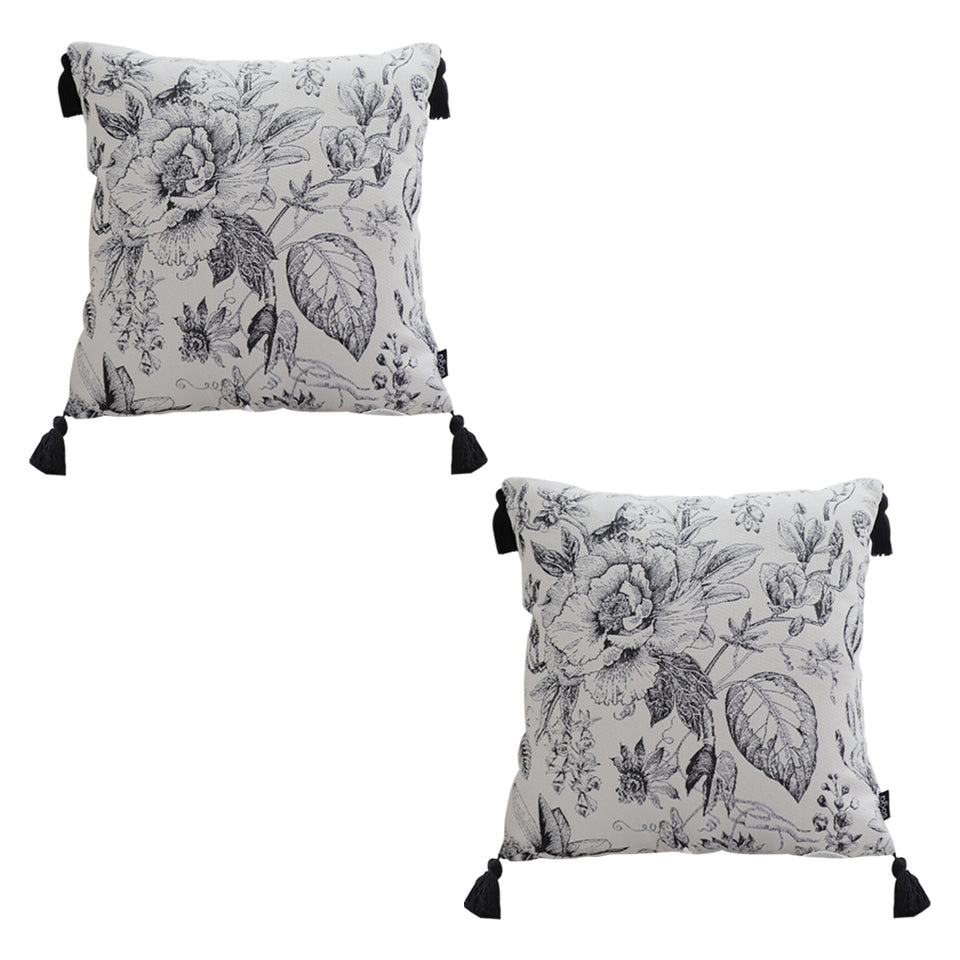 SOGA 2X 50cm Throw Pillow  Black and White Elegant Floral Print with Tassel Accents Home Decor