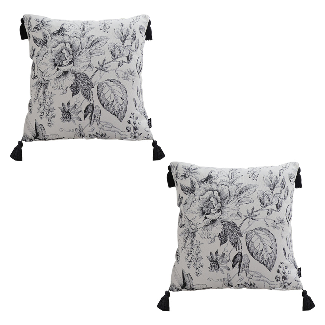 SOGA 2X 50cm Throw Pillow  Black and White Elegant Floral Print with Tassel Accents Home Decor