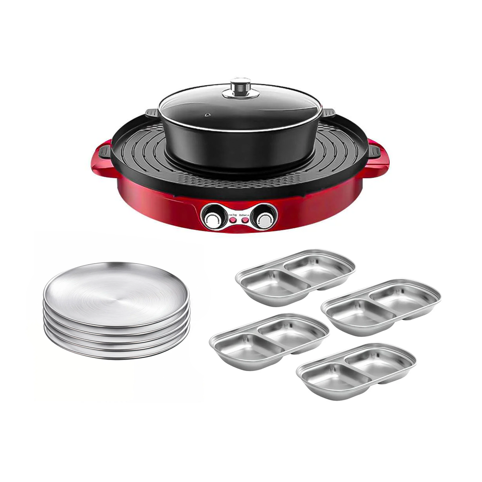 SOGA Kitchenware Bundle – 2-in-1 Electric Hot Pot BBQ Grill with Silver Grilling Plate & Sauce Pan