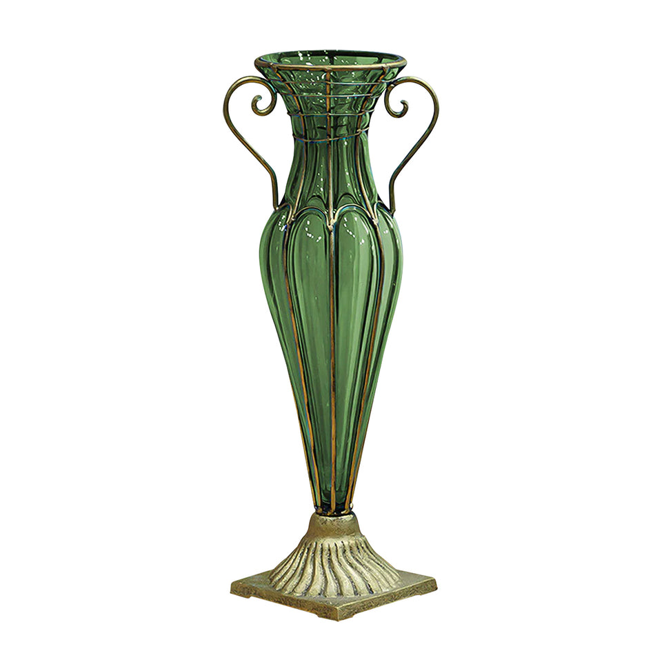 SOGA Green Colored European Glass Flower Vase Solid Base with Two Gold Metal Handle